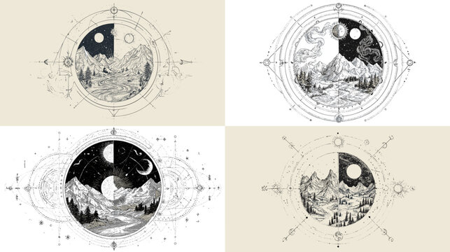 Mystical mountain landscape with moon and stars inside geometric mandala circle. Minimalist black and white line art perfect for tattoo, poster, or boho wall decor.