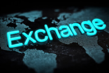 The word "Exchange" rendered in glowing neon light over a dark, dotted digital world map.