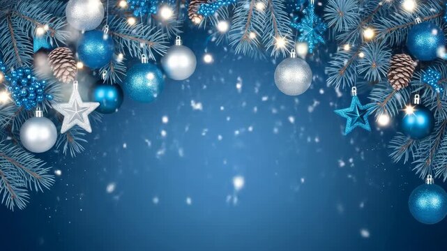 Festive blue and silver Christmas ornaments, pine branches, and twinkling lights create a beautiful holiday border with falling snow on a deep blue background.