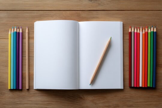 Open Blank Notebook with Colored Pencils Arranged Symmetrically on Wooden Table. - Powered by Adobe