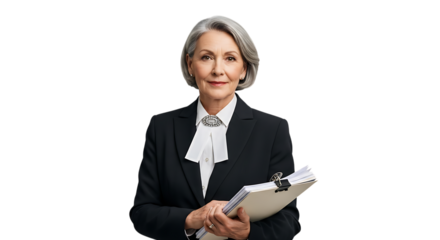 Confident senior businesswoman holding documents isolated on transparent background