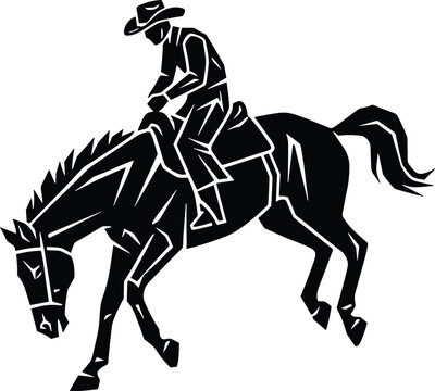 Black and White Stylized Silhouette of a Rodeo Cowboy Riding a Bronc Horse in Action, Equestrian Sports, and Wild Animal Strength.