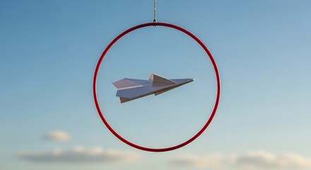 Paper airplane flying through red hoop against blue sky for childhood dreams and imagination concept