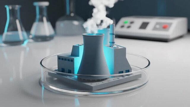 Miniature power plant model with chimneys and steam in a petri dish scientific concept
