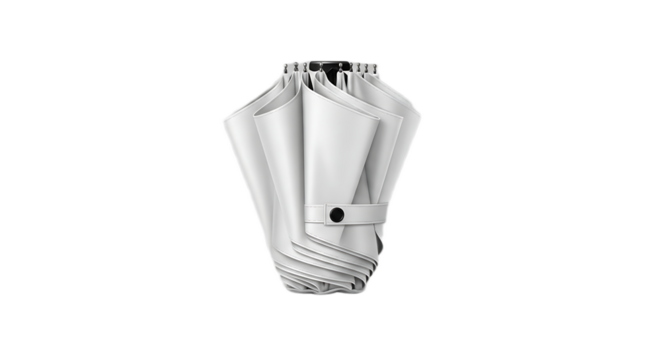 A closed, folded white umbrella with a black button strap against a black background in a studio shot