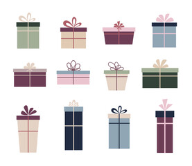A set of gift boxes with a bow in pastel shades isolated on a white background, vector illustration, flat design. A collection of gift icons. Graphic element for celebration, decoration, design