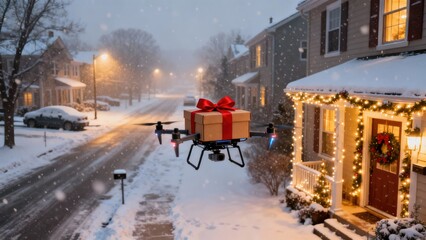 Fototapeta premium Drone delivering a gift box with a red ribbon in a snowy neighborhood, illuminated houses and festive decorations creating a magical winter atmosphere