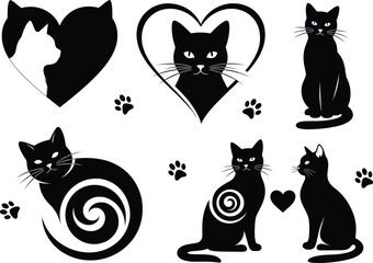 Black cat silhouette collection with hearts, paw prints, and curled feline designs, cute pet animal vector illustration for decoration and love theme