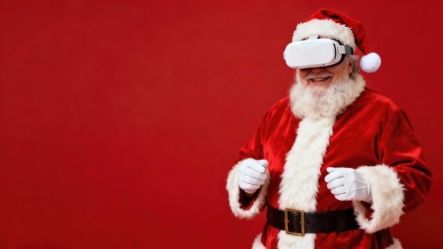 Santa Claus wearing virtual reality headset, smiling joyfully against a vibrant red background, showcasing the blend of tradition and modern technology in festive celebrations