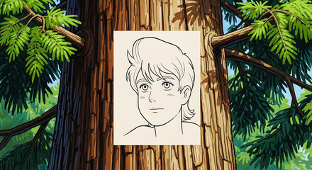 Artistic depiction of a sketched portrait of a young person affixed to a mature tree trunk within a verdant setting