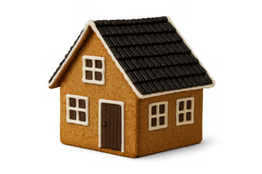 Gingerbread house representing home and festive baking tradition, with black roof and white icing accents, transparent background
