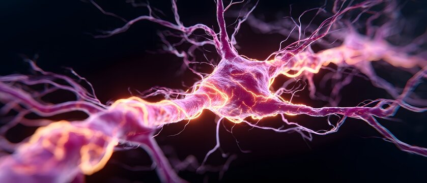 Close up of a vivid purple neuron with glowing orange energy against a dark background.