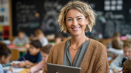 happy smiling middle aged woman elementary or junior school female teacher standing in classroom looking at camera holding digital tablet teaching children students during class portrait no logos no