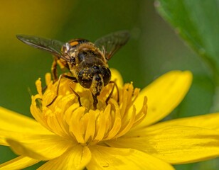Macro Shot of Honeybee Gathering Pollen in Sunlight