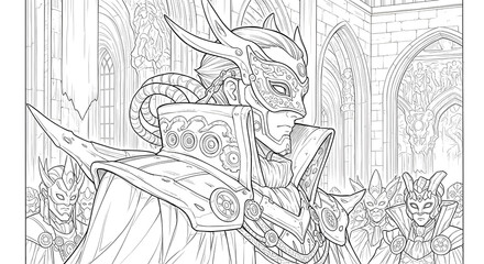 Line Art Illustration of Masked Fantasy Characters in a Gothic Setting