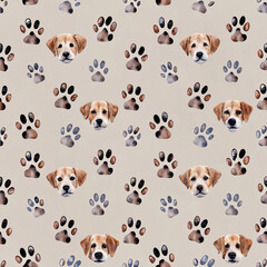 Obraz premium Watercolor Puppy Faces and Paw Prints Seamless Pattern