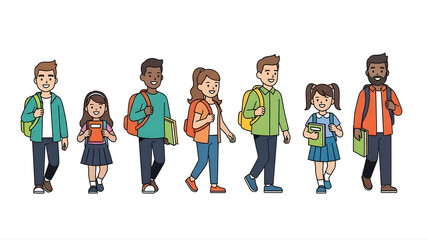 A group of diverse students and adults walking with backpacks, ready for school or work.