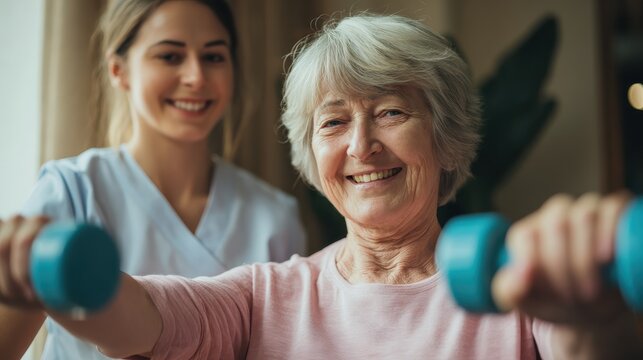 old woman training with physiotherapist using dumbbells at home therapist assisting senior woman with exercises in nursing home elderly patient using dumbbells with outstretched arms no logos no bran