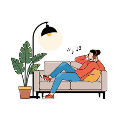 Relaxing person listening to music on sofa with plant and lamp home interior scene