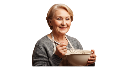 Smiling senior woman mixing ingredients in a bowl isolated on transparent background