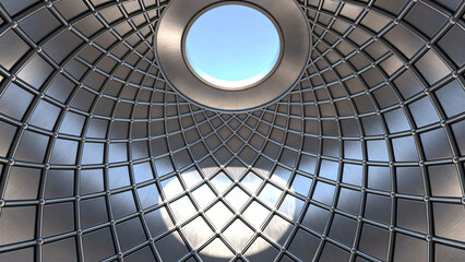 Futuristic Metallic Dome Ceiling with Geometric Grid Pattern and Circular Skylight Reflecting Blue Sky – Modern Architectural Steel Structure Design Background