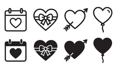Valentine's day themed silhouette vector icons including hearts gifts and calendar dates
