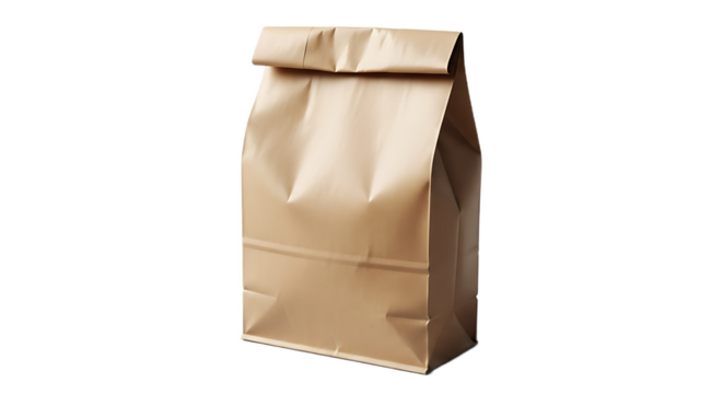 A simple brown paper bag with a folded top sitting upright on a plain surface in a studio shot
