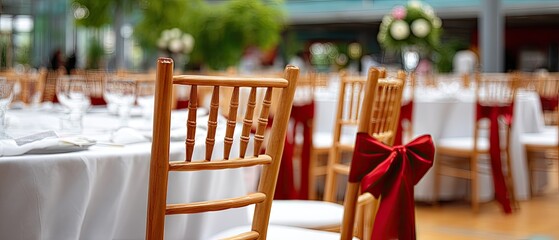 Elegant wedding reception setup in a spacious venue featuring wooden chairs and white table linens with red accents
