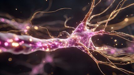 Detailed digital illustration of a neuron with glowing dendrites and axon terminals.