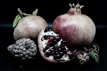 The pomegranate is the fruit of the pomegranate tree (Punica granatum), a spherical, deep red berry...