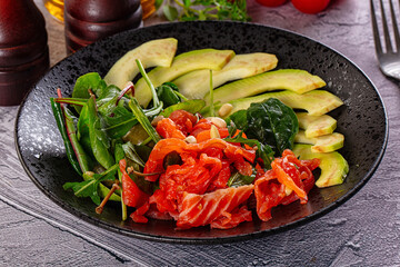 Dietary salad with salmon and avocado