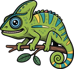 Colorful cartoon chameleon sitting on a tree branch, detailed tropical reptile vector illustration, exotic jungle animal artwork for design projects