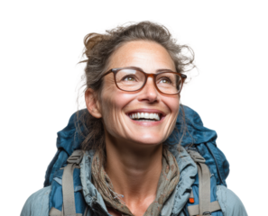 Joyful traveler smiling outdoors portrait adventure mood isolated on transparent background