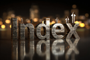 3D silver metallic 'Index' text with a rising arrow replacing the 'I', symbolizing market growth and success.