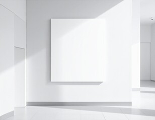 Blank canvas hanging on a white wall with sunlight streaming in, creating a minimalist and modern gallery space