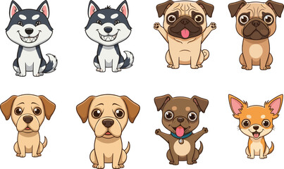 Cute cartoon dog breed collection vector illustration, adorable puppy characters set, funny pet animal clipart design for kids and decoration
