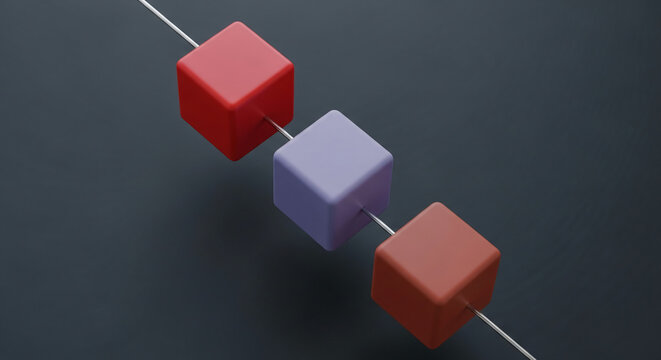 Image shows three cube of different color connected by metal rod, suggesting connectivity, balance, and structure, great for network or data concept - Powered by Adobe