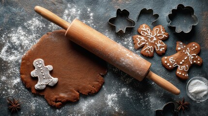 A top-down view of gingerbread dough, a wooden rolling pin, flour, fresh gingerbread men cookies, cookie cutters, and star anise on a dark, floured surface.