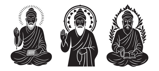 Saint Kabir Das silhouette vector set with spiritual poses, sacred halo designs, and traditional Indian devotional art style