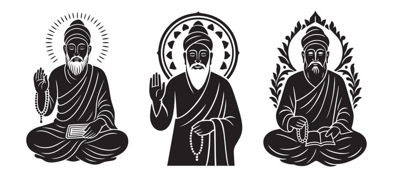 Saint Kabir Das silhouette vector set with spiritual poses, sacred halo designs, and traditional Indian devotional art style