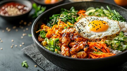 Fototapeta premium Spicy chicken bibimbap with vegetables high resolution image