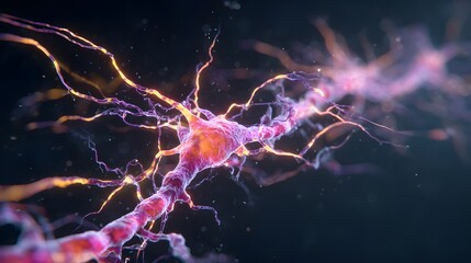 Vibrant neuron with glowing electrical impulses transmits signals across a dark background.