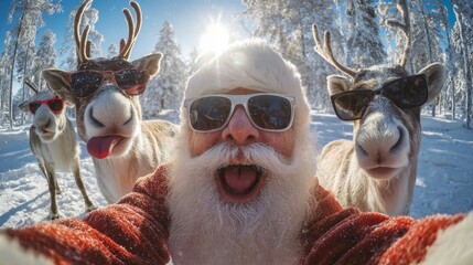 A fun, wide-angle selfie of Santa Claus wearing sunglasses and making an excited face, posing with his reindeer (also wearing sunglasses) in a bright, snowy forest landscape.