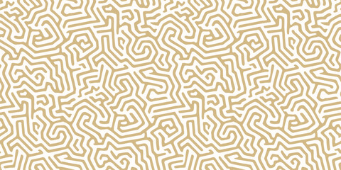 Golden seamless pattern with abstract maze, labyrinth, organic shapes, fluid lines. Simple gold and white vector background with biological structures, brain texture, coral. Repeating geo design