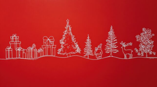 A horizontal banner illustration featuring a continuous white line drawing of Christmas motifs (trees, gifts, Santa Claus, reindeer) against a vibrant solid red background.