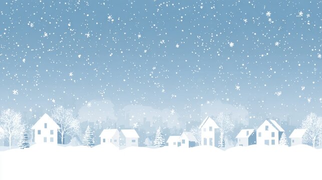 A minimal, stylized illustration of a snow-covered village border (houses and trees) under a heavy, continuous snowfall on a gradient light blue background. - Powered by Adobe