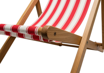 Extreme macro low-angle studio shot: traditional wooden deck chair, crimson/ivory striped canvas, visible weave, natural wood frame, transparent background. Material honesty concept