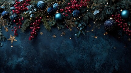 A dark, moody Christmas background featuring a border of deep blue and teal baubles, red berries, and fir branches, with scattered golden stars and bokeh lights on a textured surface.