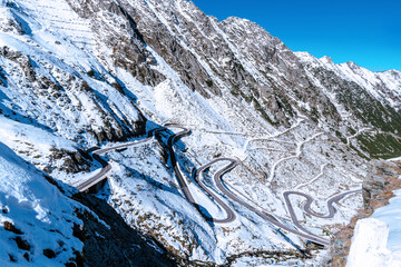 View of the Snow  Transfagarasan Highway Mountain Road in sunny day, Carpathians, Romania