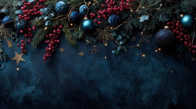 A dark, moody Christmas background featuring a border of deep blue and teal baubles, red berries, and fir branches, with scattered golden stars and bokeh lights on a textured surface. - Powered by Adobe